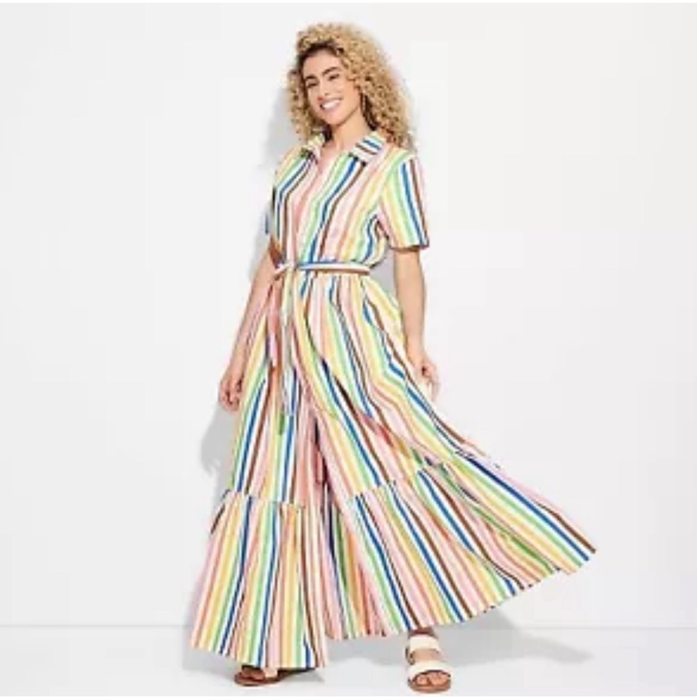 Pride Adult Short Sleeve Button-Front Tie Waist Maxi Shirtdress - Rainbow xxl